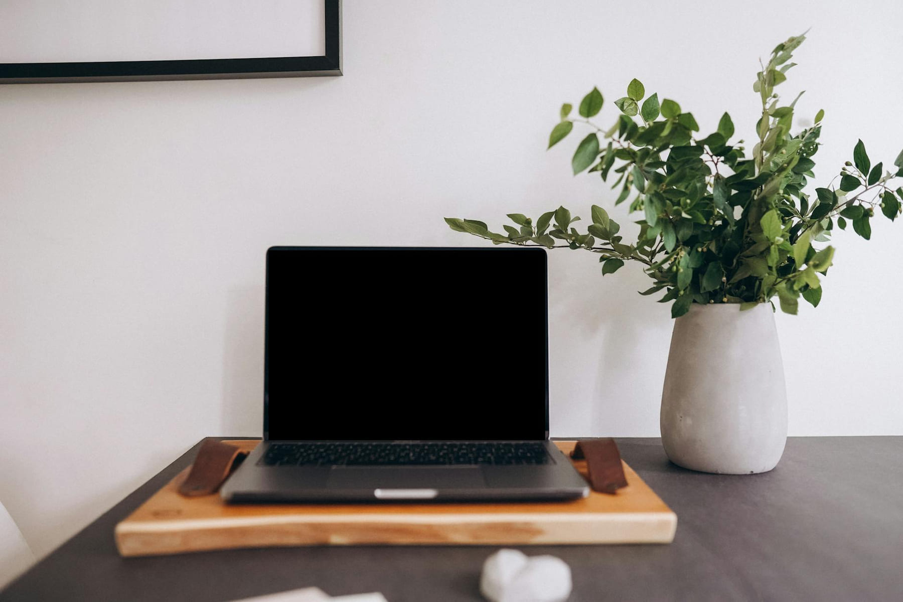 A modern home workspace featuring a laptop and a vase of green plants. on The Digital Hustler