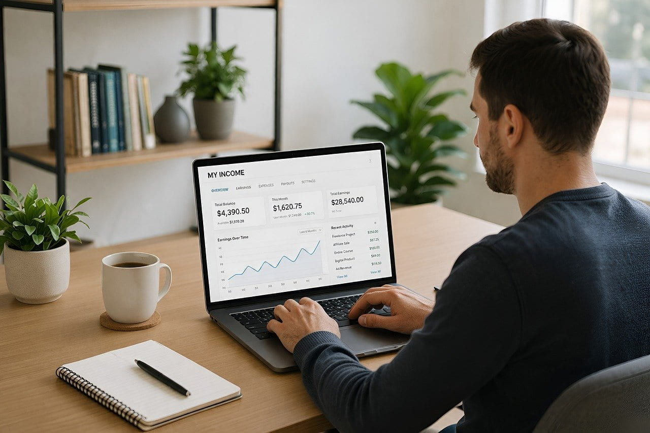 home office, laptop, natural light, work area, analytics, financial dashboard, freelancing, productivity, desk, income chart, office plants, work concept, professional work, note-taking, work mode, business principles, economic situation, financial analysis, employment on The Digital Hustler