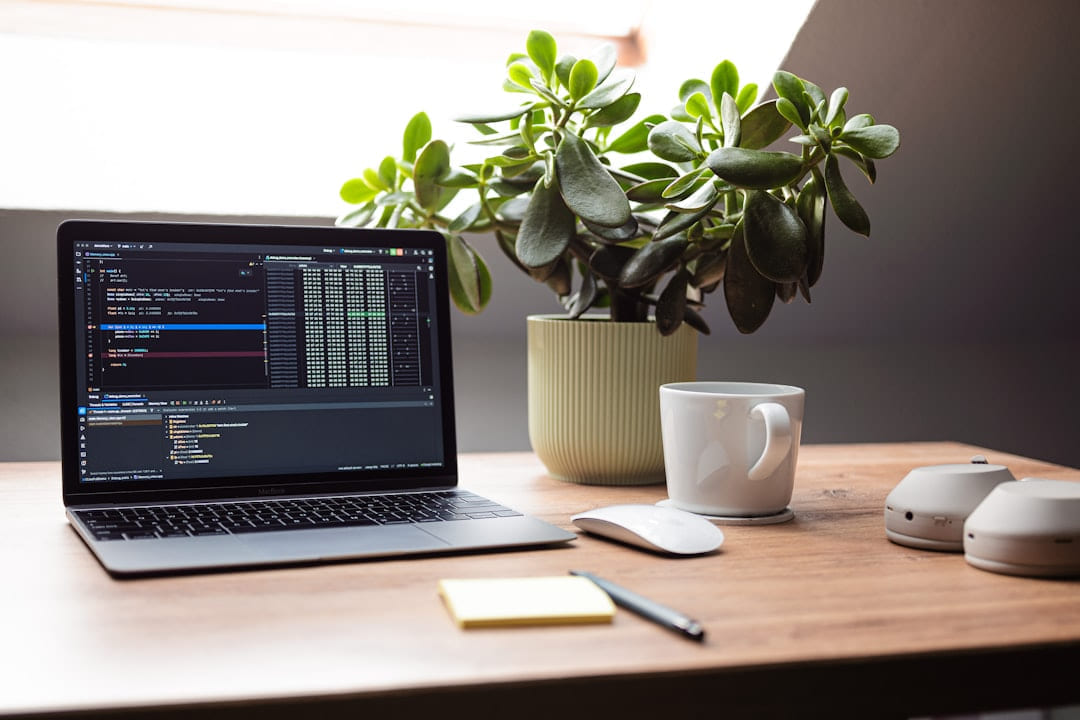 Laptop with code, plant, and mug on desk. on The Digital Hustler